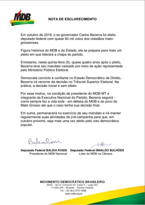 nota MDB - cassacao bezerra
