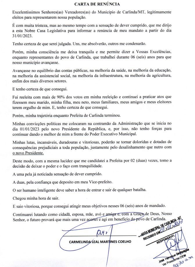 Renuncia Carmelinda Leal, prefeita Carlinda