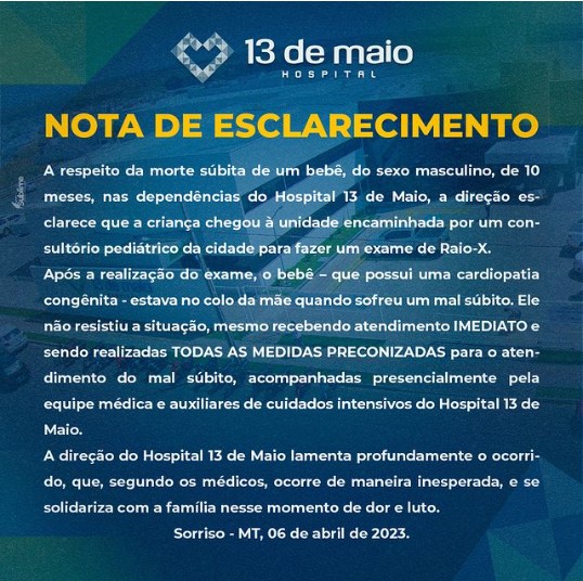 bebe morre mal subito, hospital 13 de maio, sorriso